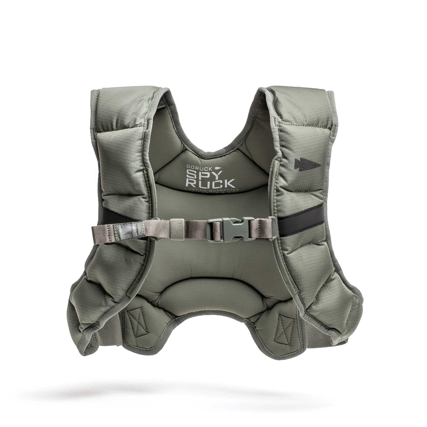 The GORUCK Spy Ruck | Women's Weighted Vest features a gray padded design with an adjustable chest strap, delivering GORUCK-level durability and a Spy Ruck-inspired look—ideal for women seeking to enhance their workouts with a weighted vest built for strength training.