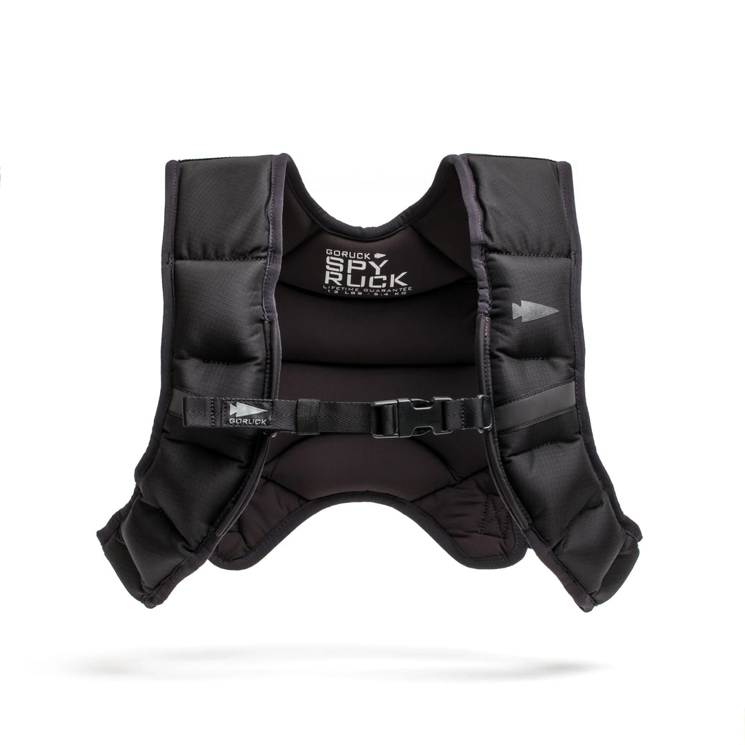 GORUCK black weighted Spy Ruck vest for rucking fitness, front view on white background