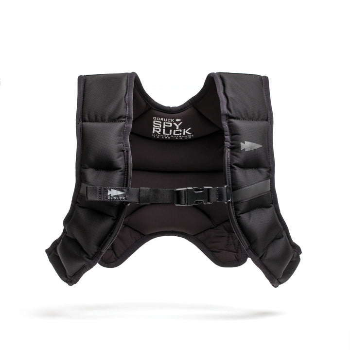 GORUCK black weighted Spy Ruck vest for rucking fitness, front view on white background