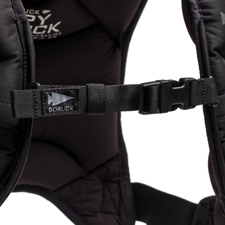 GORUCK Spy Ruck Black backpack closeup of sternum strap and buckle