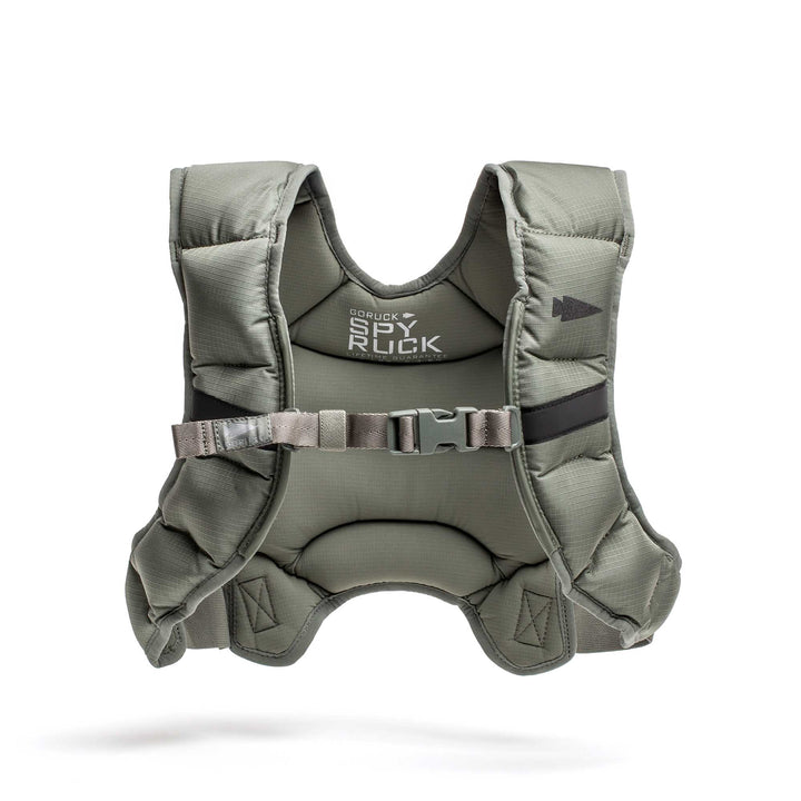 The Spy Ruck | Women's Weighted Vest by GORUCK is a gray padded training vest with adjustable straps and a front buckle, designed for weight or fitness workouts.