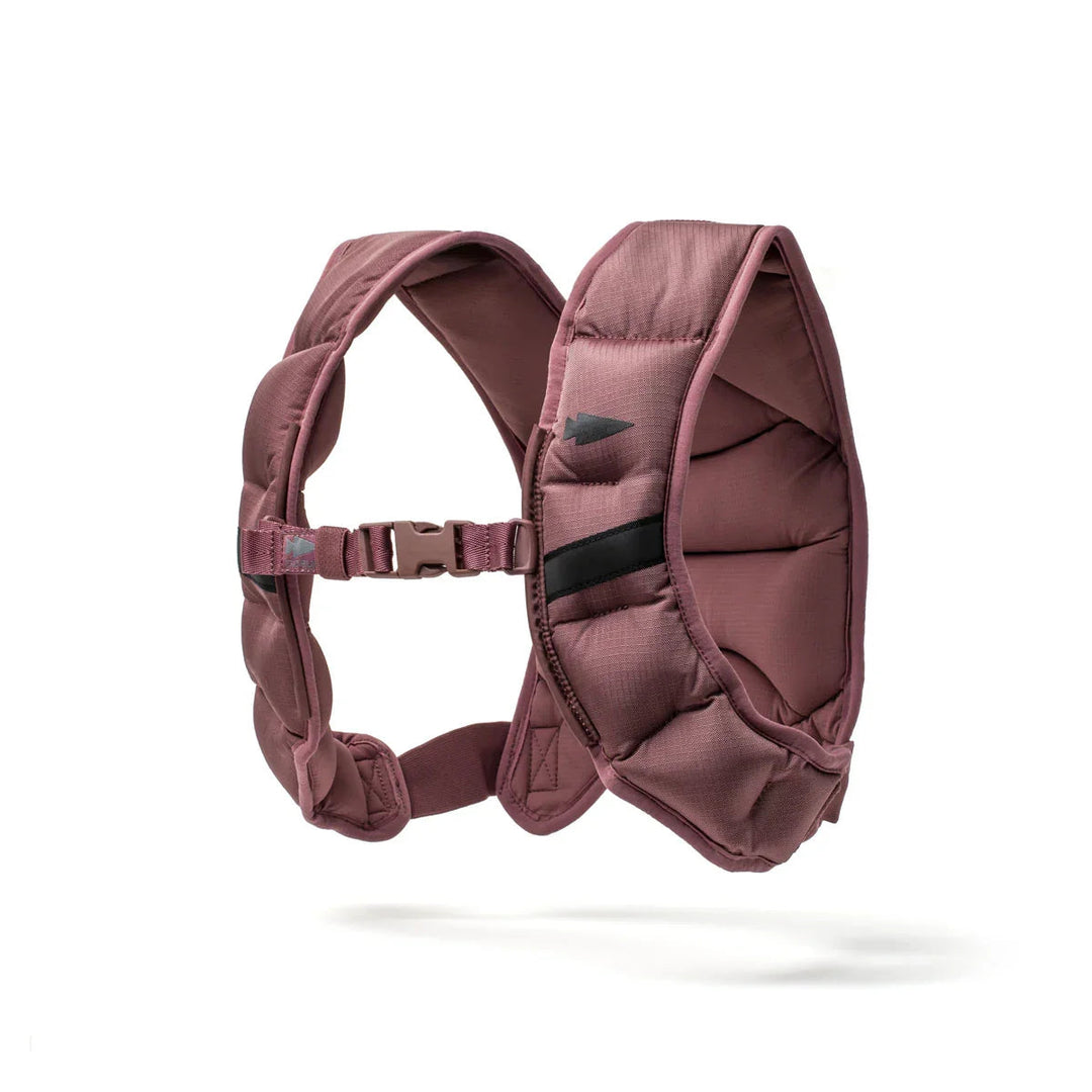 GORUCK maroon padded rucking vest with front buckle and arrow logo on white background