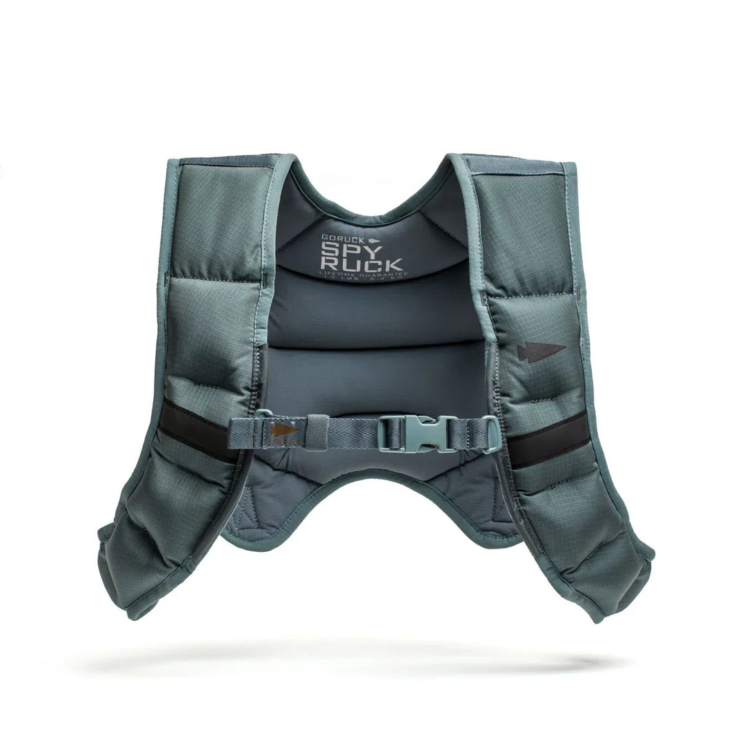 GORUCK Spy Ruck weighted training vest in gray with front buckle, isolated on white background