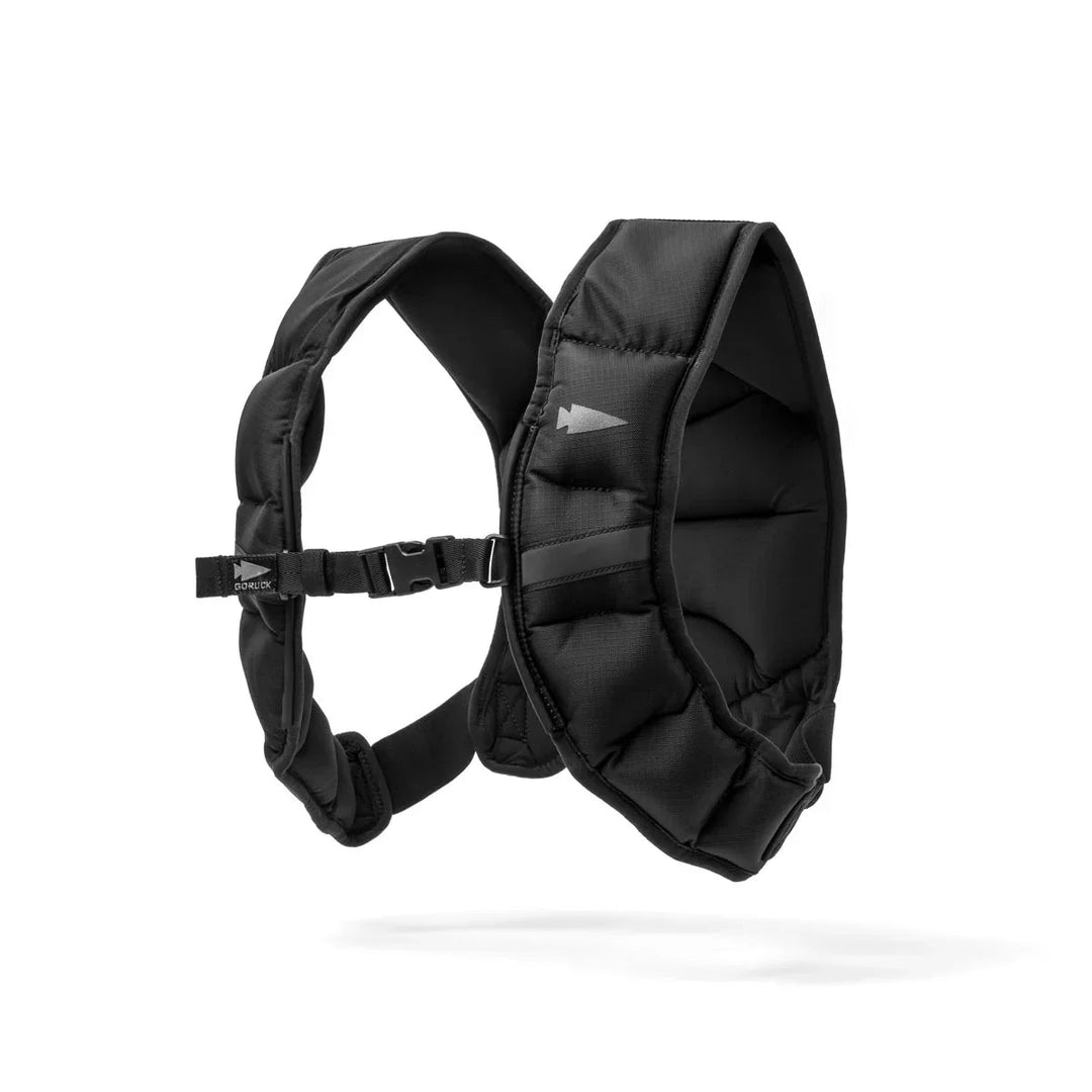 GORUCK black padded rucksack harness with adjustable straps, isolated on white background