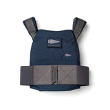 The GORUCK EU Rucking Weight Vest in navy blue and gray features shoulder straps and Velcro patches, is designed for breathable training, and is compatible with curved ruck plates, shown on a white background.