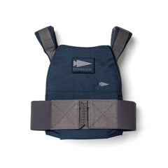 The GORUCK EU Rucking Weight Vest in navy blue and gray features shoulder straps and Velcro patches, is designed for breathable training, and is compatible with curved ruck plates, shown on a white background.