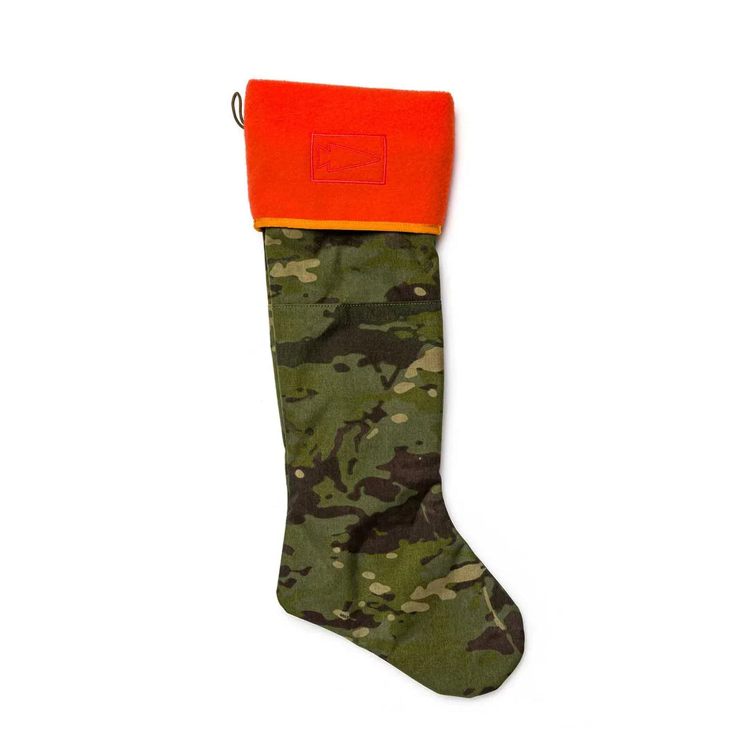 Camo Christmas stocking with hi-vis orange cuff, GORUCK rucking gear gift accessory
