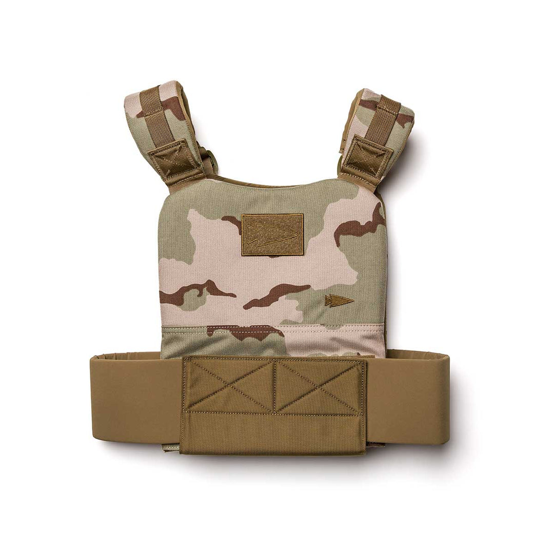 The GORUCK Training Weight Vest 2.0 features tan and brown camouflage, adjustable shoulder straps, and a wide waist belt—ideal for boosting your workouts.