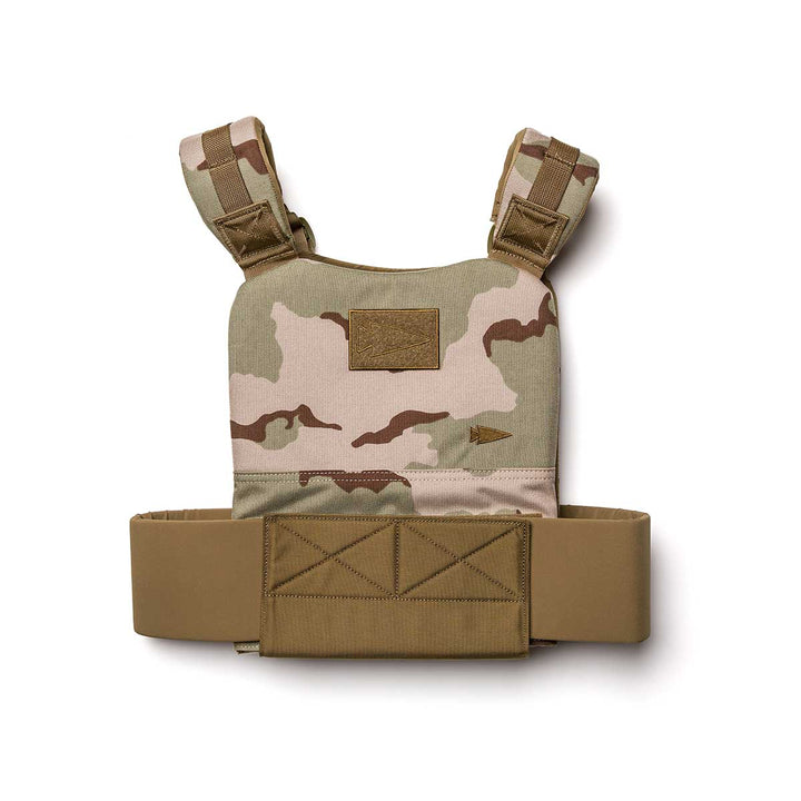 The GORUCK Training Weight Vest 2.0 features tan and brown camouflage, adjustable shoulder straps, and a wide waist belt—ideal for boosting your workouts.