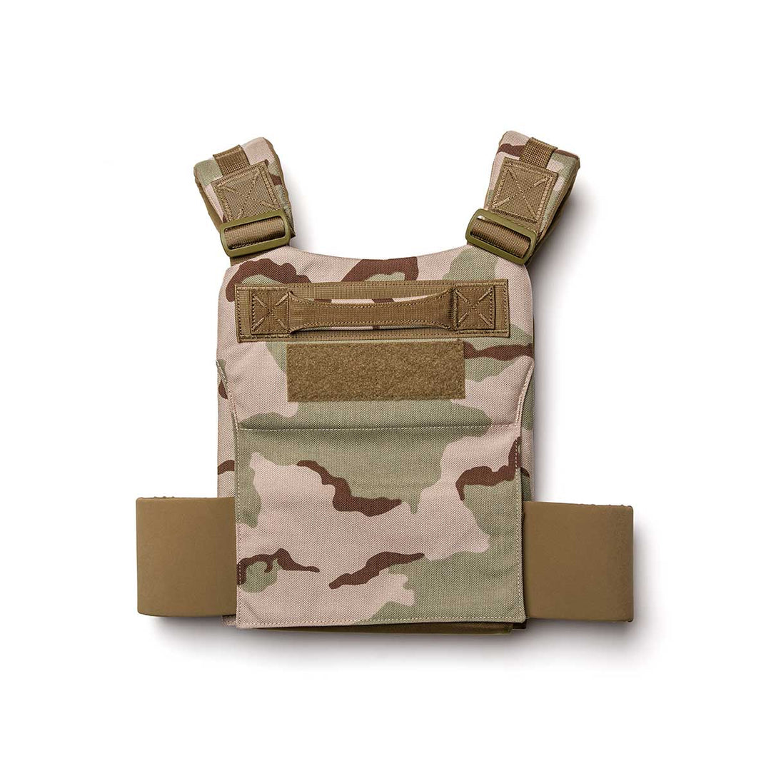 GORUCK Training Weight Vest 2.0 in tan and green camo features adjustable shoulder straps, front pocket, and side flaps—perfect for fitness training or outdoor use.