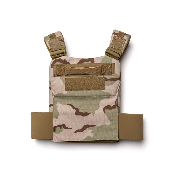 GORUCK Training Weight Vest 2.0 in tan and green camo features adjustable shoulder straps, front pocket, and side flaps—perfect for fitness training or outdoor use.