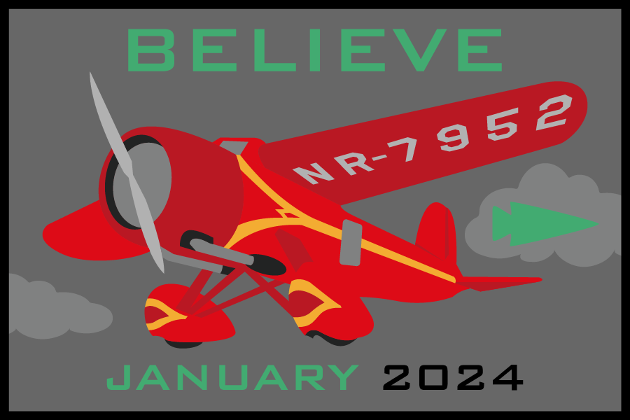 A red airplane flies among gray clouds with 