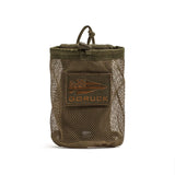 The GORUCK Mesh Water Bottle Pocket stands upright on a white background, featuring an olive mesh design with a GORUCK patch and drawstring closure—a versatile ruck accessory that serves as a lightweight alternative to traditional Cordura bottle pouches or MOLLE water bottle holders.