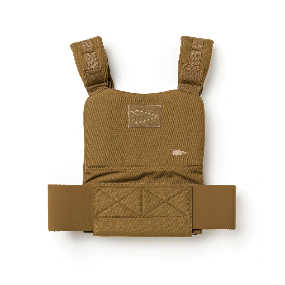 The GORUCK Training Weight Vest 2.0, featuring shoulder straps and a geometric arrow design on the chest, is shown in brown against a white background.