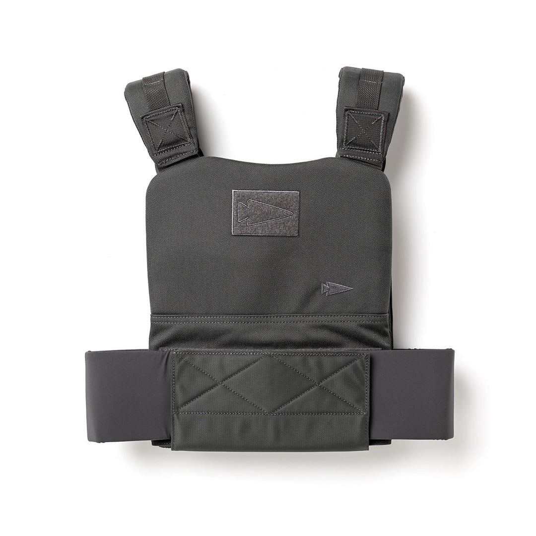 The GORUCK Training Weight Vest 2.0 features wide shoulder straps, a front Velcro patch, and an adjustable fit—perfect for boosting your workout intensity. Shown on a white background.