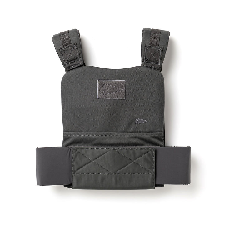 The GORUCK Training Weight Vest 2.0 features wide shoulder straps, a front Velcro patch, and an adjustable fit—perfect for boosting your workout intensity. Shown on a white background.