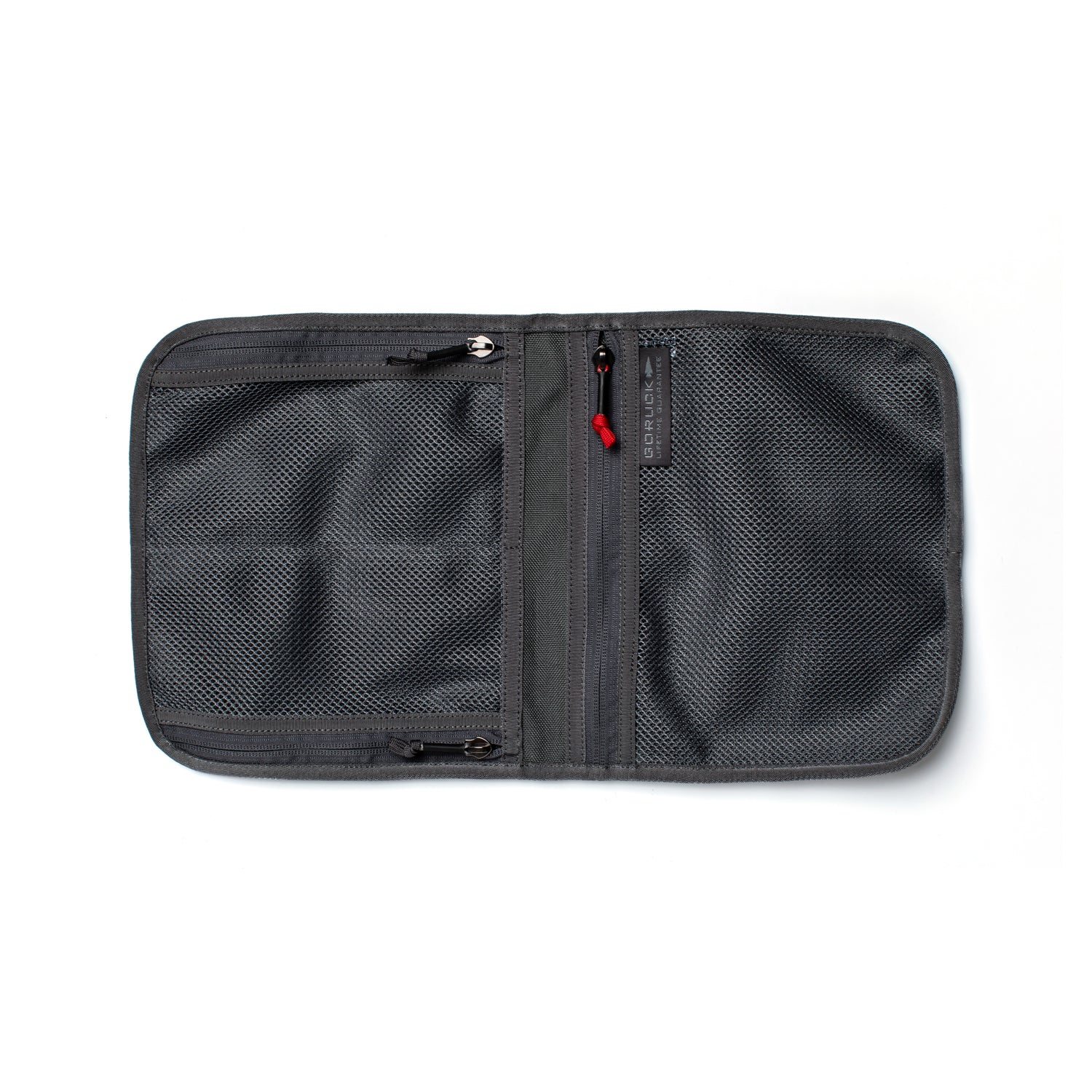 GORUCK Wire Dopp Armor Grey open travel pouch with mesh zippered compartments