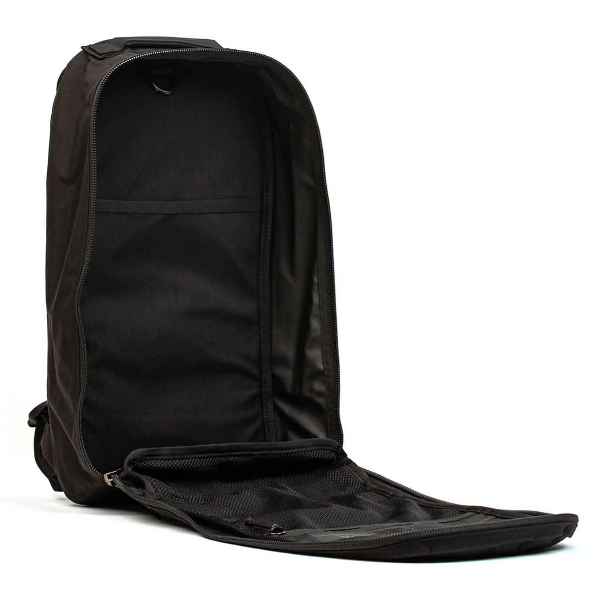 The GORUCK Bullet Ruck Laptop - Ballistic Nylon Cordura is shown fully unzipped, displaying inner pockets, a mesh divider, and a bombproof laptop compartment for secure everyday carry.