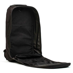 The GORUCK Bullet Ruck Laptop - Ballistic Nylon Cordura is shown fully unzipped, displaying inner pockets, a mesh divider, and a bombproof laptop compartment for secure everyday carry.