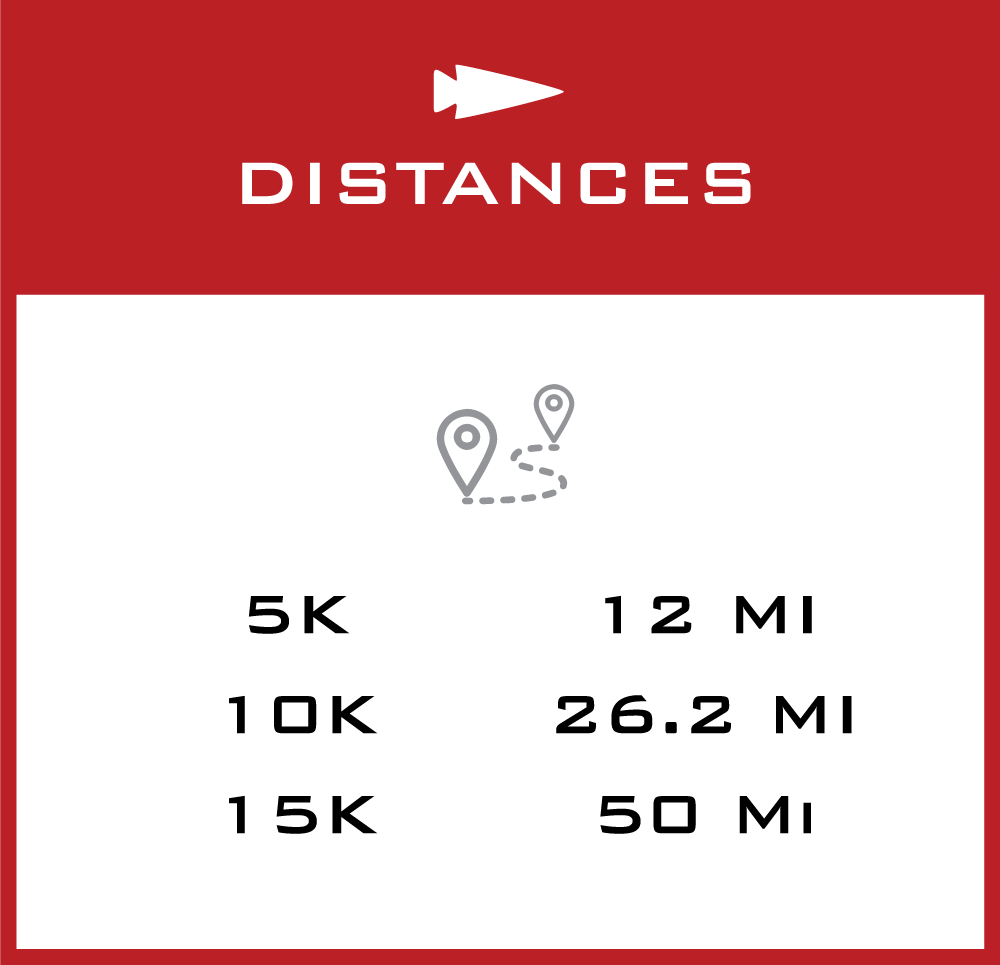 White box with map marks showing race distances: 5K, 10K, 15K, 12 mi, 26.2 mi, and 50 mi on a red background.