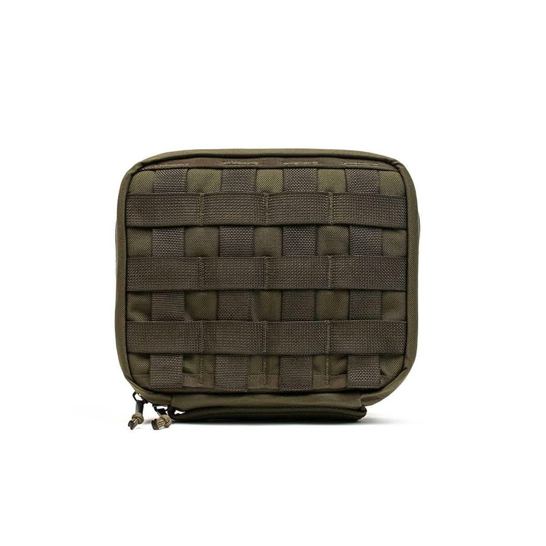 The GORUCK GR2 Field Pocket in olive green features woven MOLLE webbing and dual zipper pulls, shown on a white background; perfect for organizing electronics.