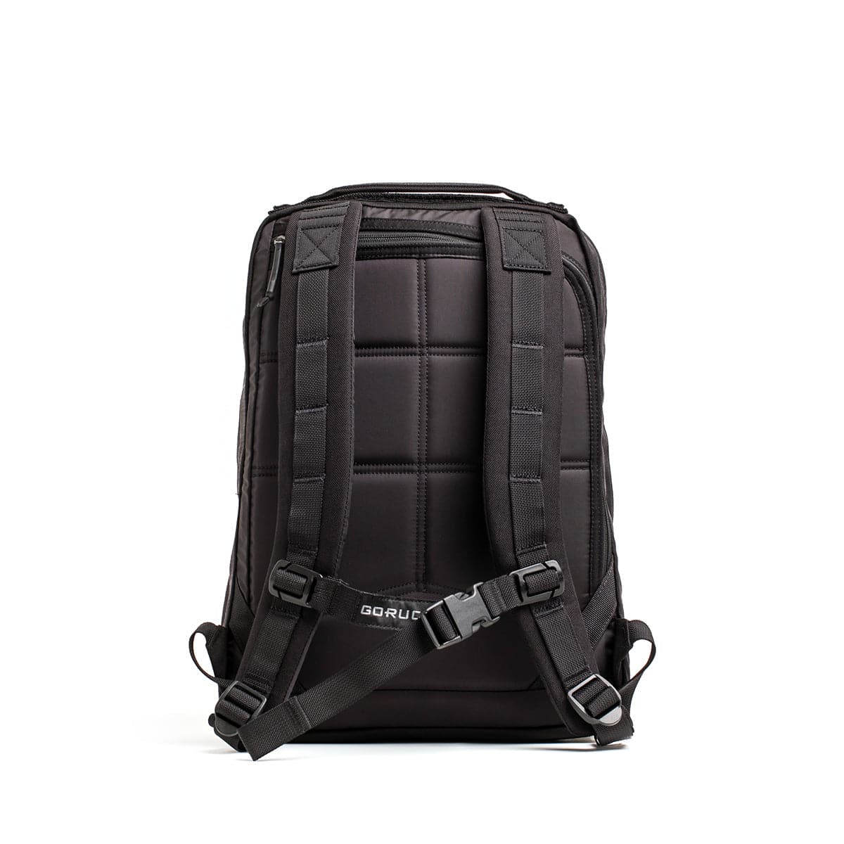 GORUCK black rucking backpack rear view with padded shoulder straps and sternum buckle