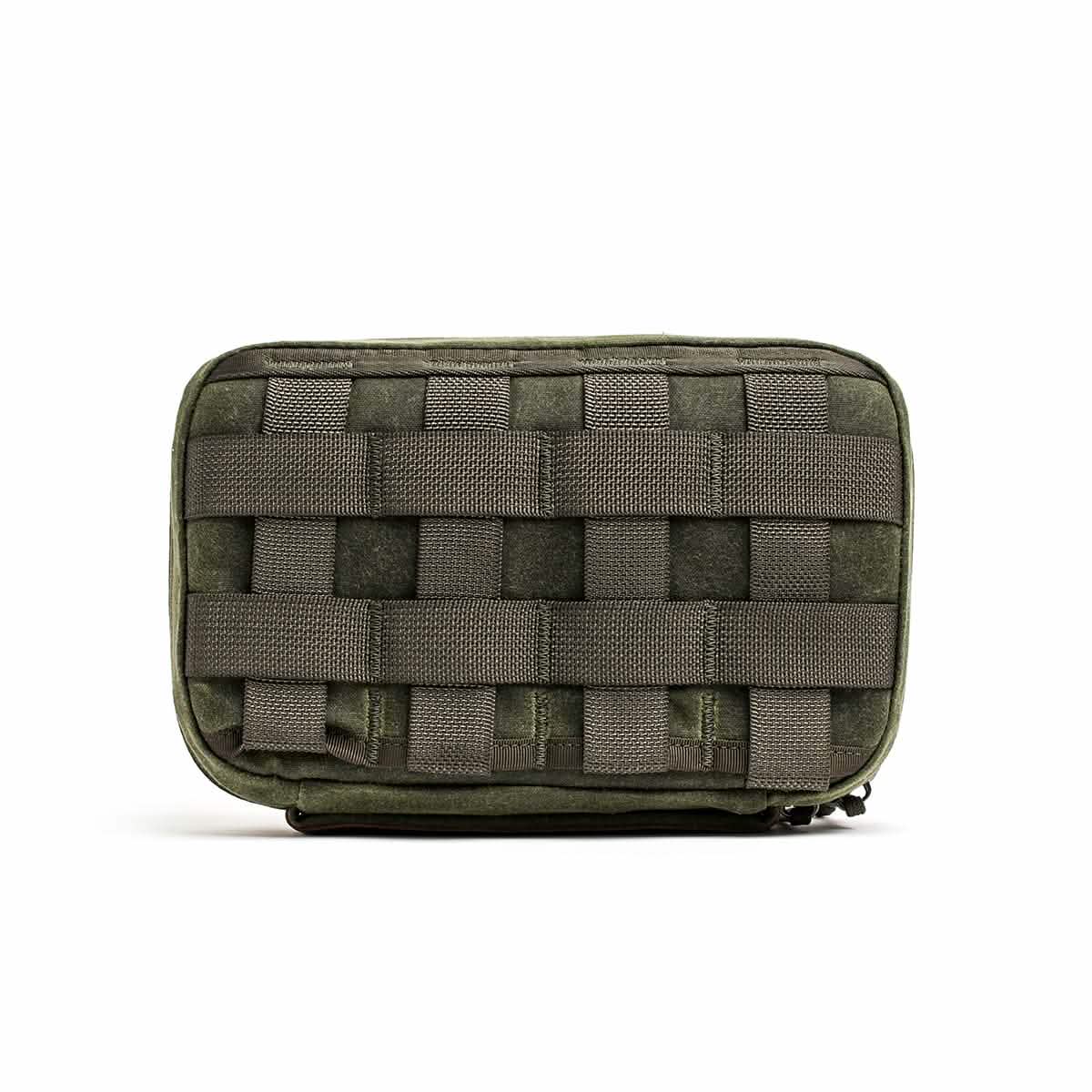 Compact olive green tactical pouch featuring front MOLLE webbing, photographed on a white background—perfect for use with your GORUCK GR1 Heritage ruck or as a companion to the GORUCK GR1 Field Pocket - Waxed Canvas.