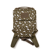 The GORUCK Ruck Plate Carrier 3.0 is a green backpack featuring a geometric pattern of scattered white triangles, adjustable straps, and a padded top handle for added convenience.