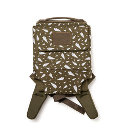 The GORUCK Ruck Plate Carrier 3.0 is a green backpack featuring a geometric pattern of scattered white triangles, adjustable straps, and a padded top handle for added convenience.