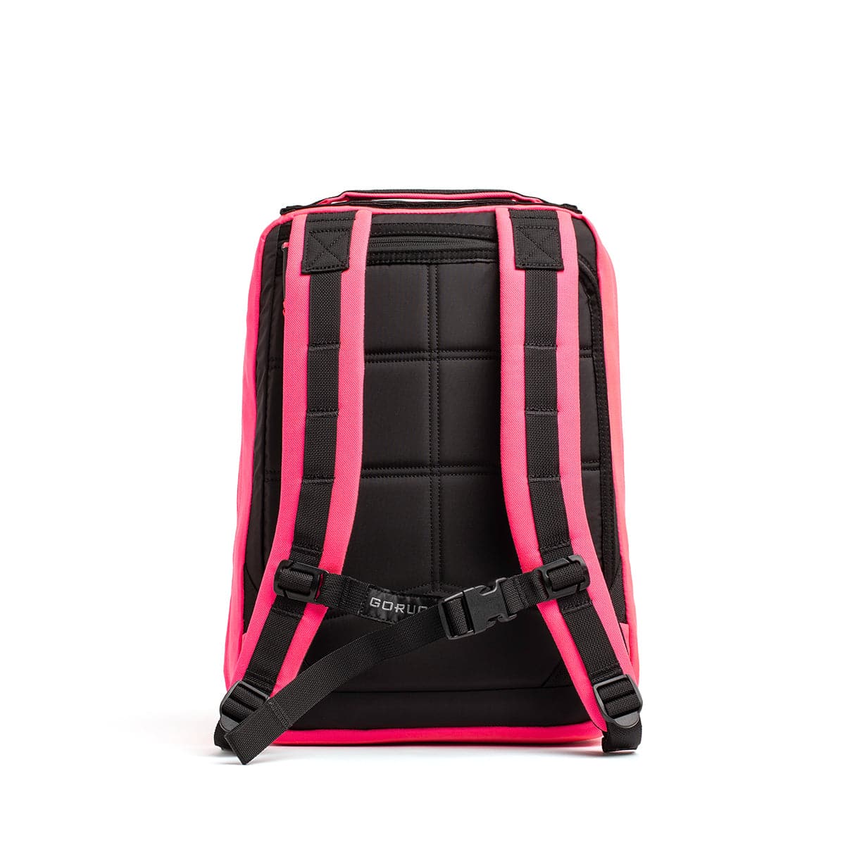 A black and pink compact backpack with padded shoulder straps and a top handle, featuring reinforced straps and back panel for comfort and support. It includes a bombproof laptop compartment, with the brand name GORUCK displayed at the lower back section of the GR0 - Cordura model.