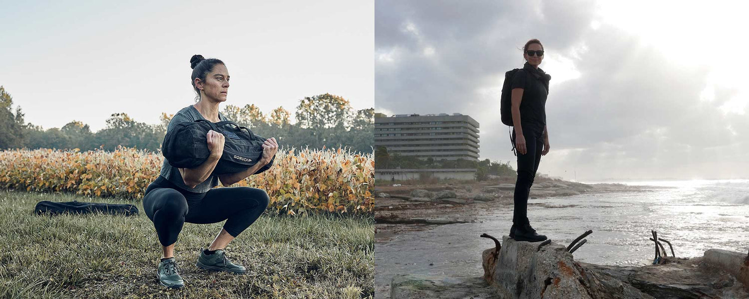Split image: Left, woman squats with a sandbag outdoors; right, same woman stands on rocks by water, holding sandbag.