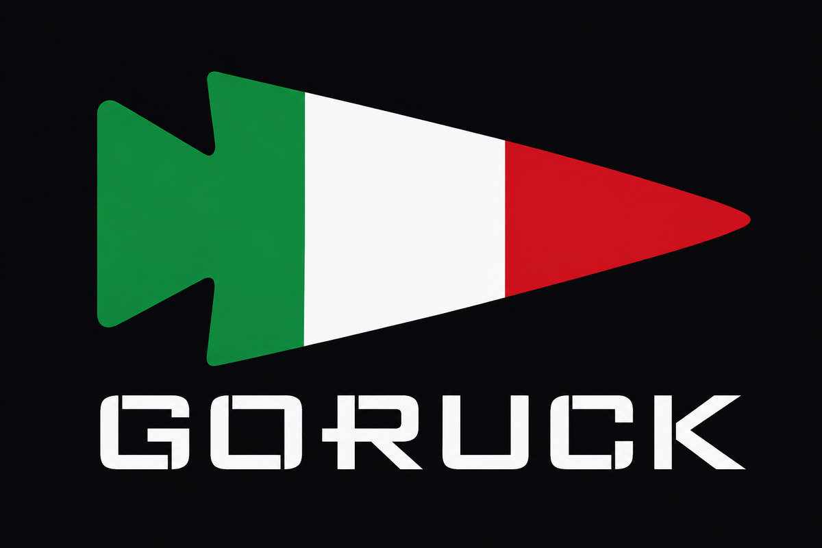 Patch - Italy by GORUCK features the brand’s arrowhead logo in green, white, and red—colors of the Italian flag—set against a black background.