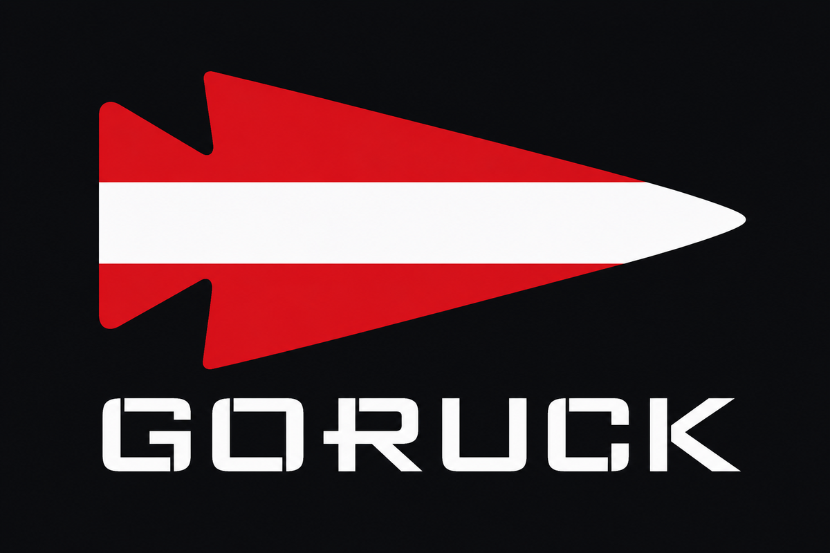A red arrow with a white stripe, representing Austria, points right above bold white text that reads “GORUCK” on a black background.