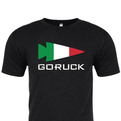Black premium tri-blend T-shirt from GORUCK EU, titled "Rep Your Country," showcasing the "GORUCK" text alongside an arrow design in the colors of the Italian flag.