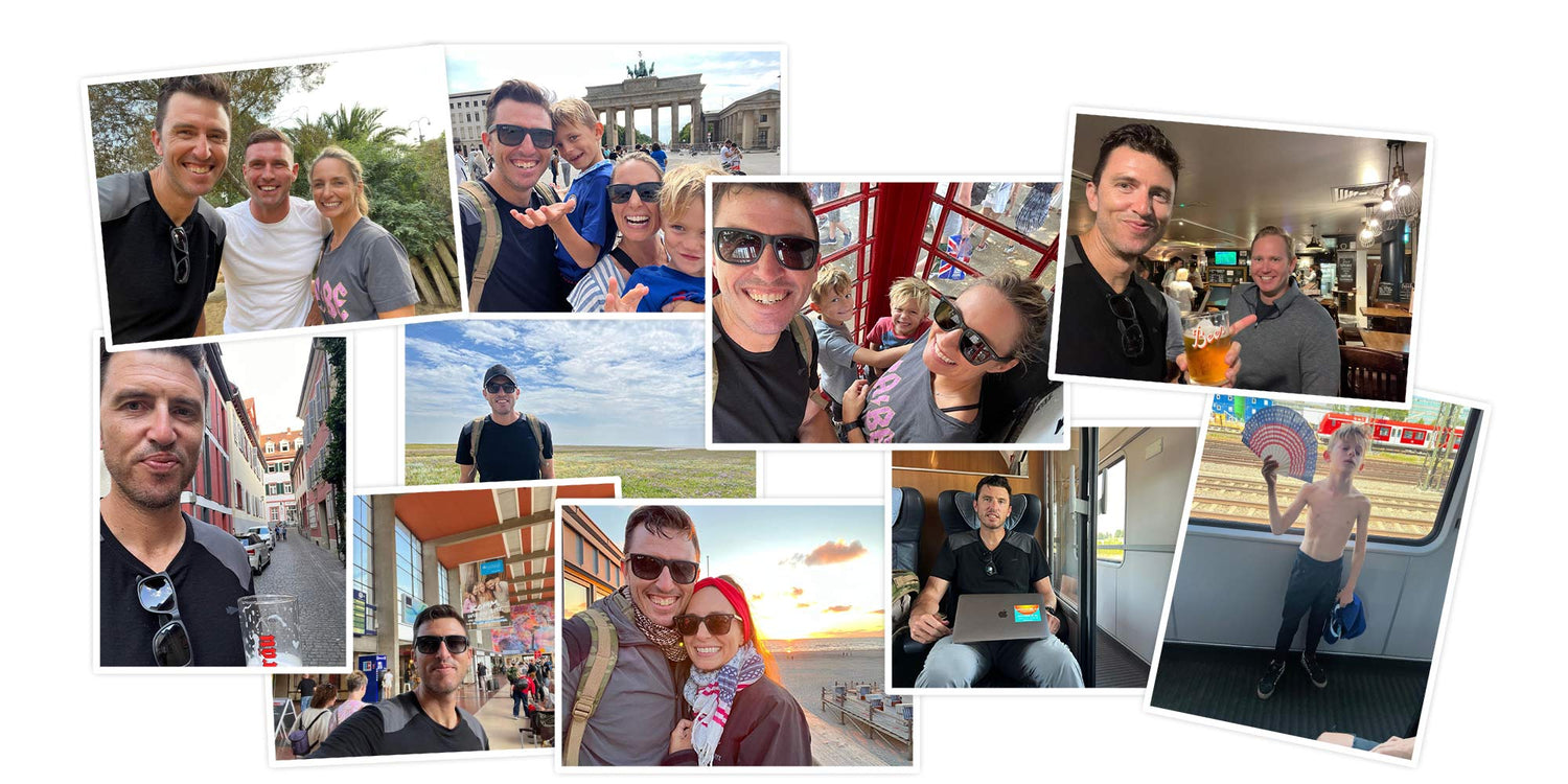 Collage of people smiling in various outdoor and indoor travel locations, including city streets and a beach.