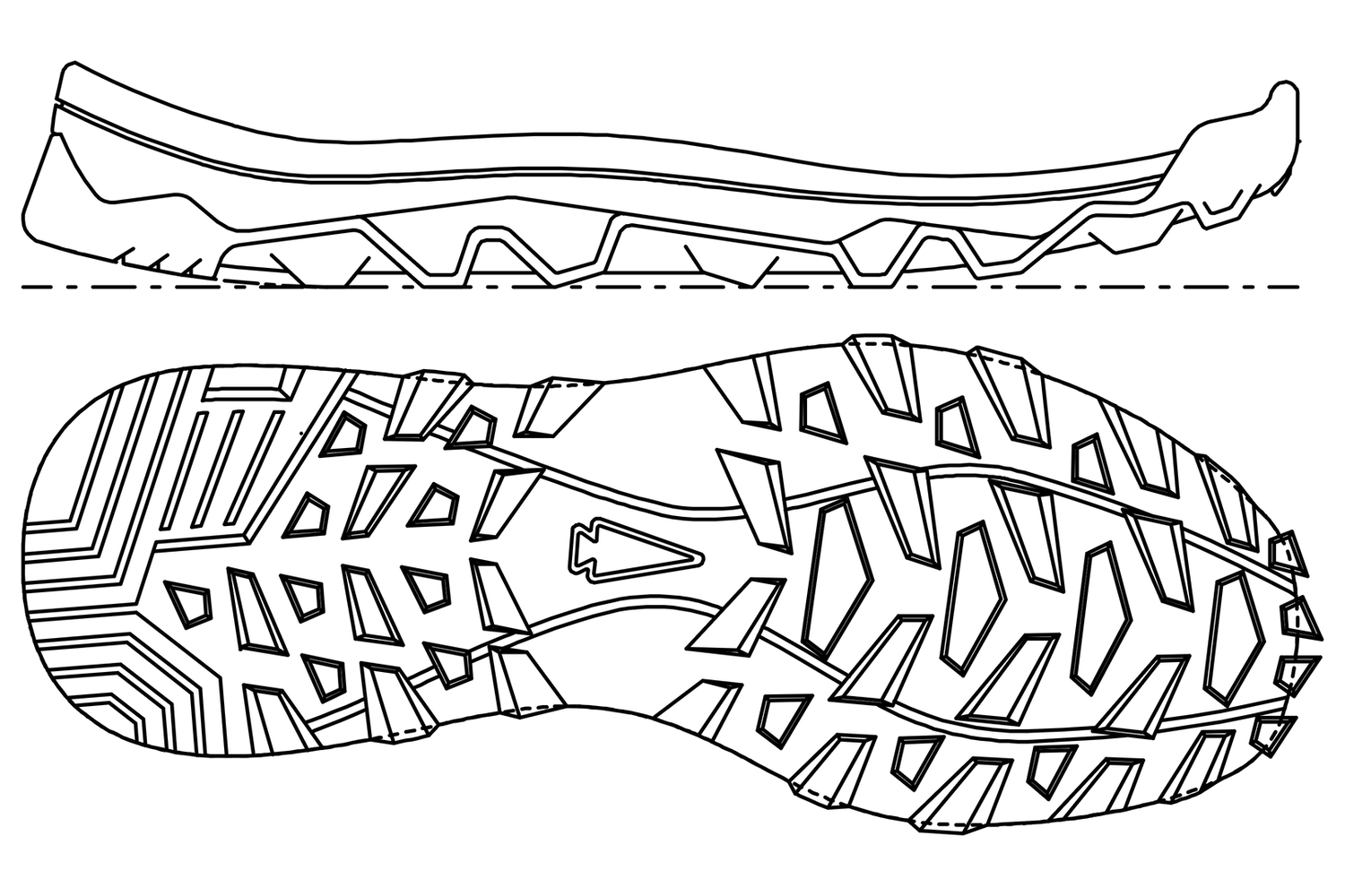 Black and white line drawing of a sneaker sole, showing side and bottom views with geometric tread patterns.