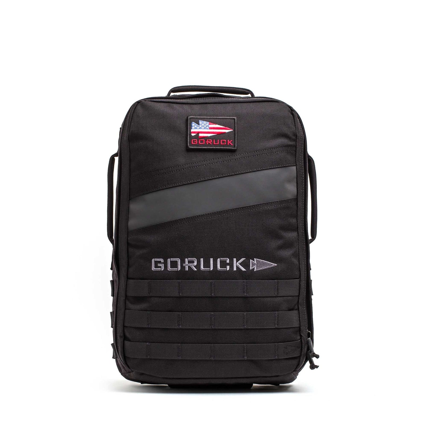 The black Rucker 5.0 features a USA flag patch, front handle, and lower MOLLE webbing—perfect for rucking and securely holding your ruck plates.