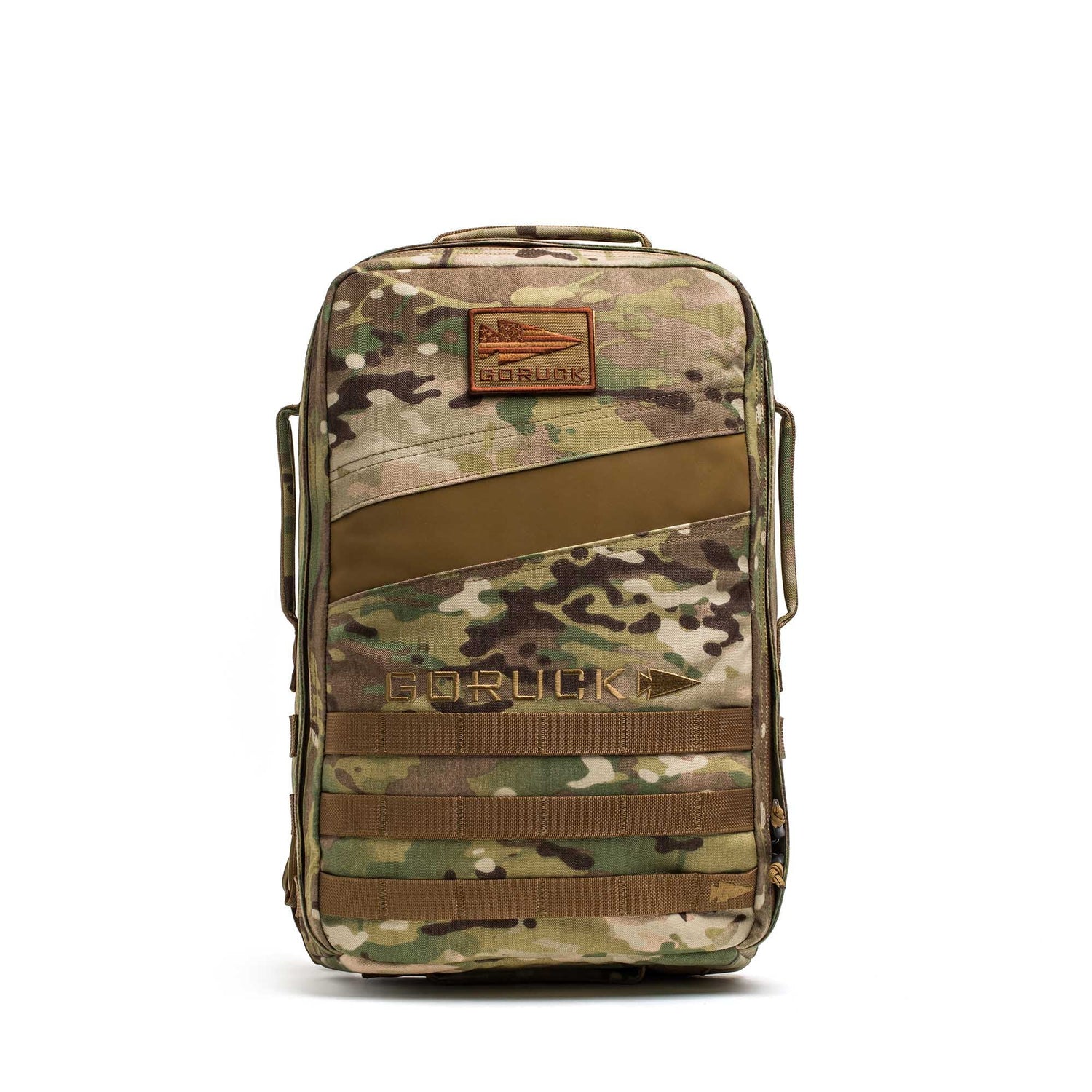 The Rucker 5.0 is a camouflage tactical rucksack with the GORUCK logo, multiple compartments, and straps—ideal for rucking and compatible with ruck plates.