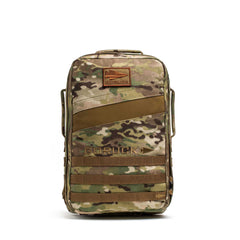 The Rucker 5.0 is a camouflage tactical rucksack with the GORUCK logo, multiple compartments, and straps—ideal for rucking and compatible with ruck plates.
