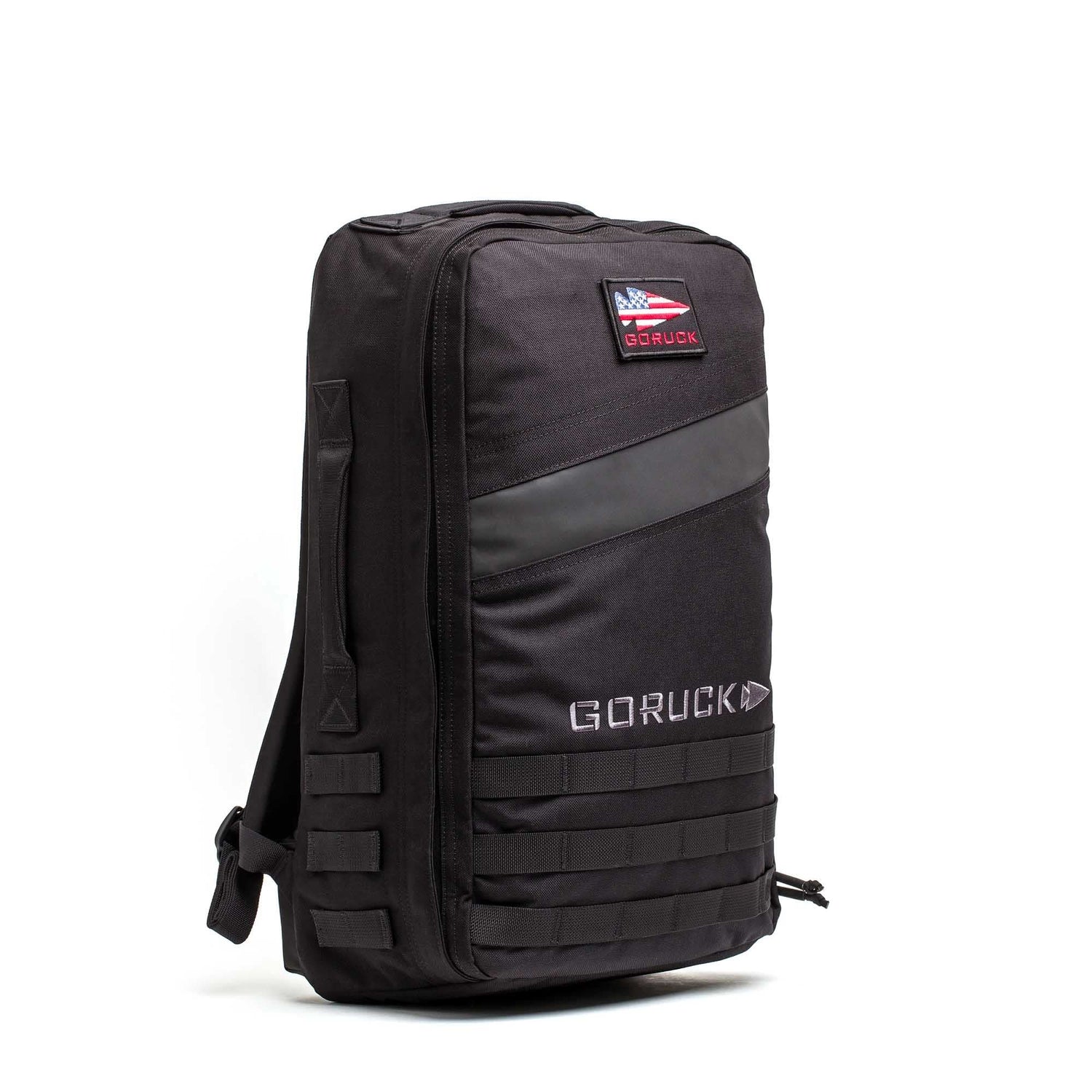 The Rucker 5.0 is a black rucksack featuring a front patch, side straps, and visible zippers—ideal for rucking adventures.