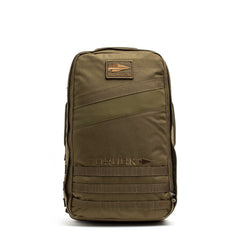 The Rucker 5.0 is an olive green tactical rucksack featuring multiple compartments, MOLLE webbing, and a GORUCK patch—ideal for rucking and compatible with ruck plates.
