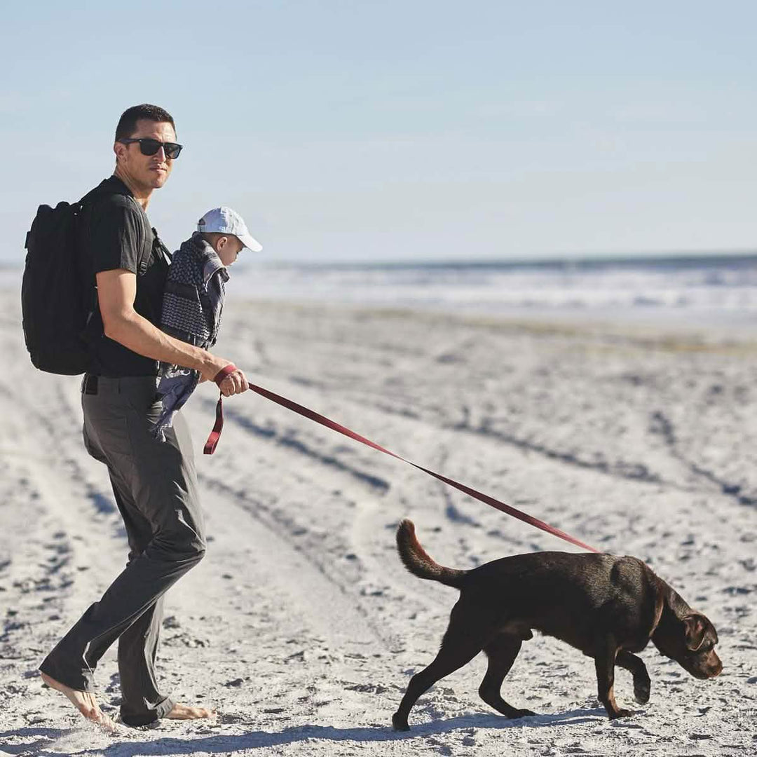 A man strolls barefoot on the beach in his Men’s Simple Pants - Lightweight ToughDry® from GORUCK, wearing sunglasses and carrying a baby in a front carrier. He holds the leash of a brown dog trotting alongside him, while the sky is clear and the ocean shimmers beautifully in the background.