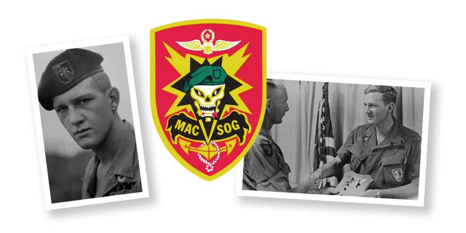 A MACV-SOG emblem with two vintage photos of a soldier in uniform on either side.