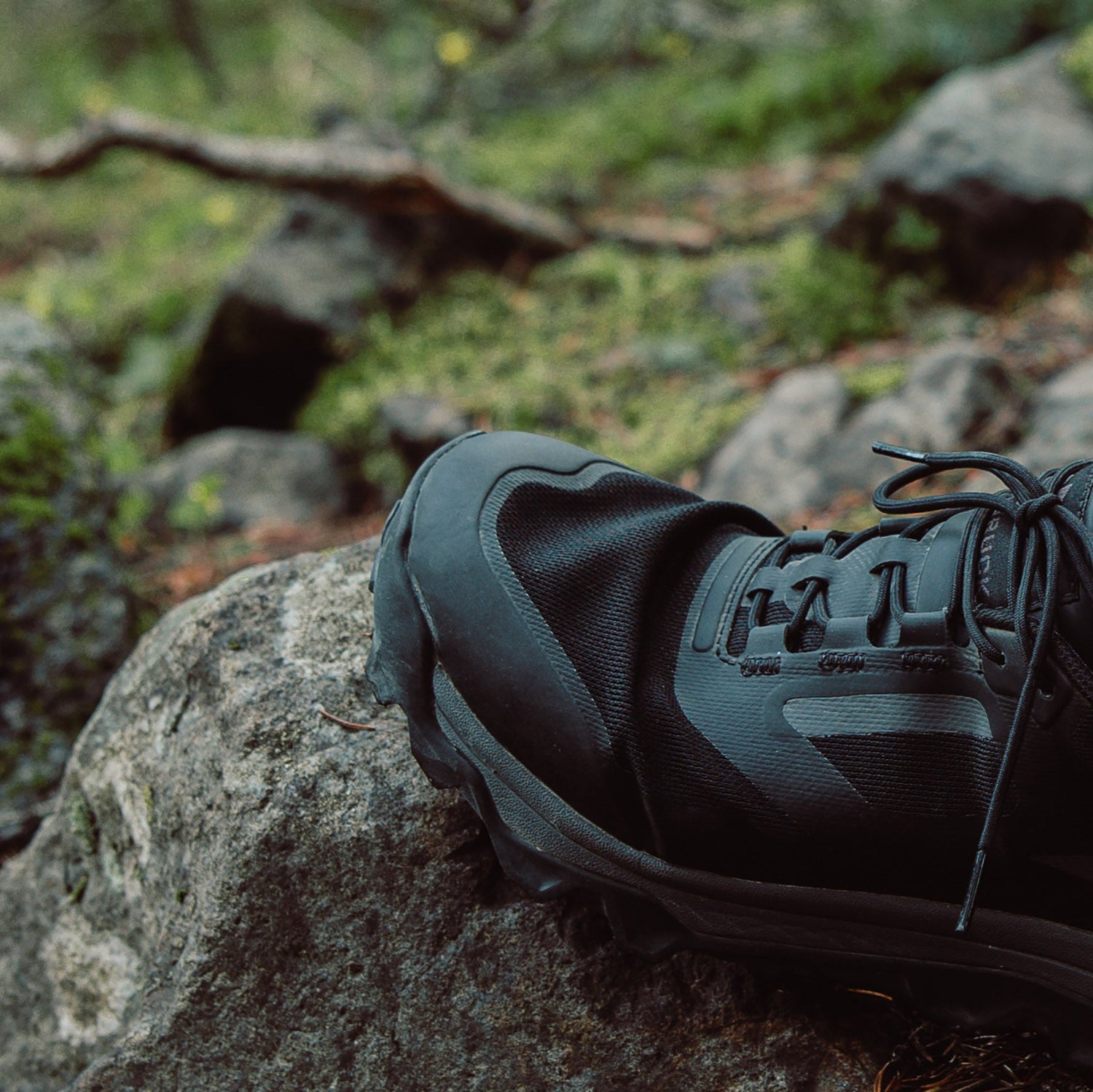 Black hiking shoe resting on a mossy rock in a forest setting.
