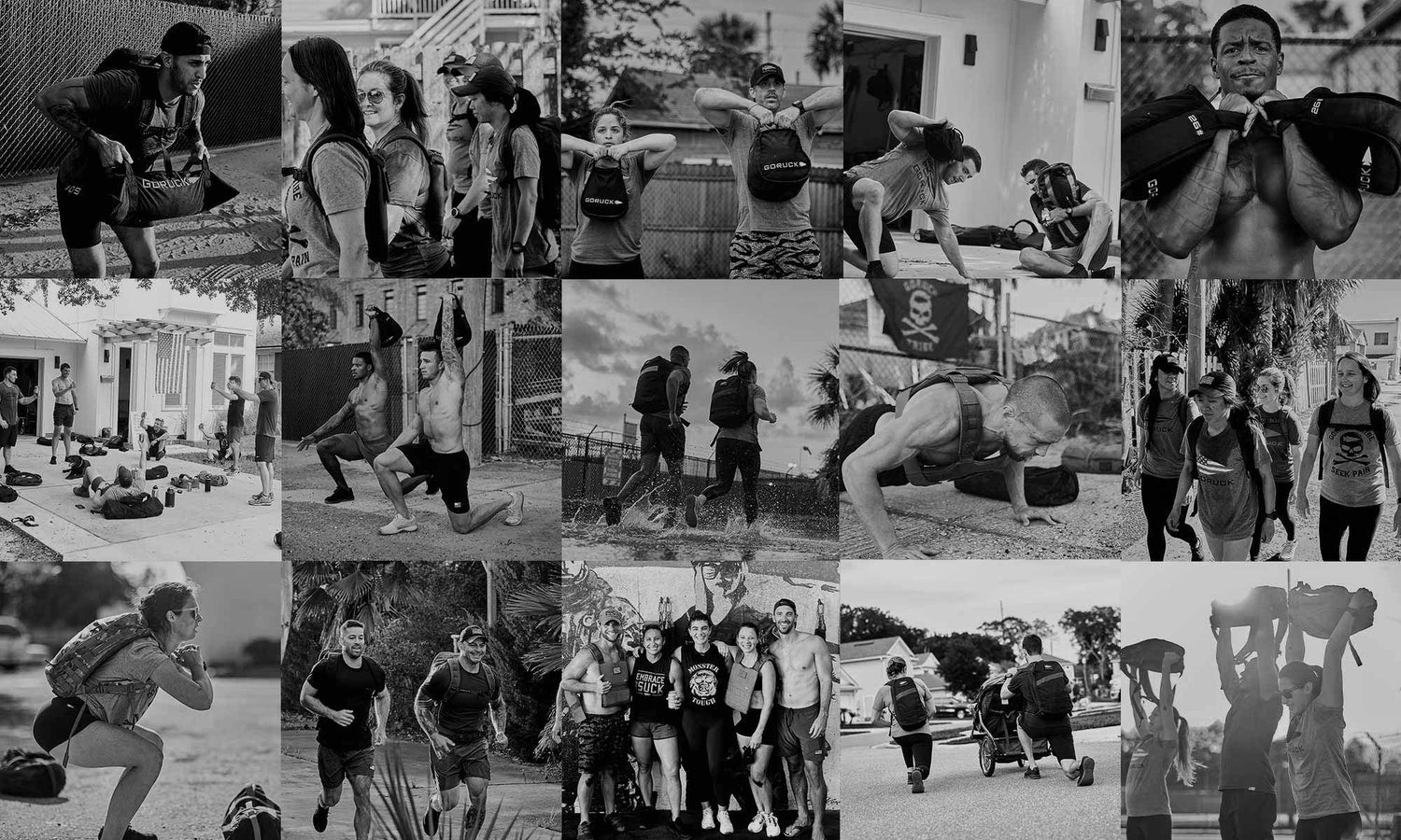 A collage of people exercising outdoors with weighted sandbags in various group fitness activities.