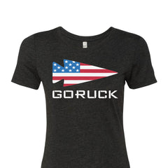 Women's T-shirt - Rep Your Country by GORUCK EU, designed in classic black with a premium tri-blend fabric, showcasing a logo of a star-spangled arrow and the bold letters "GORUCK.
