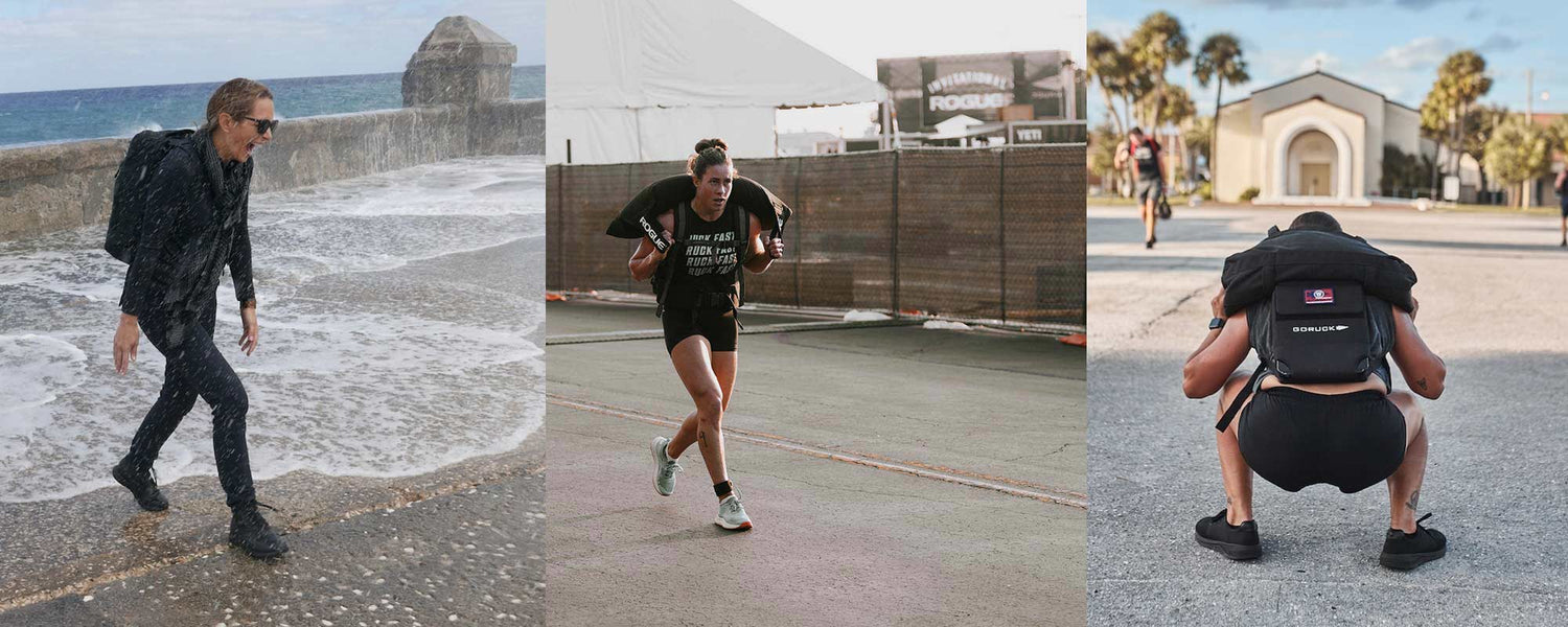 Three people: a man walks in ocean waves, a woman runs with a sandbag, another squats with a sandbag outdoors.